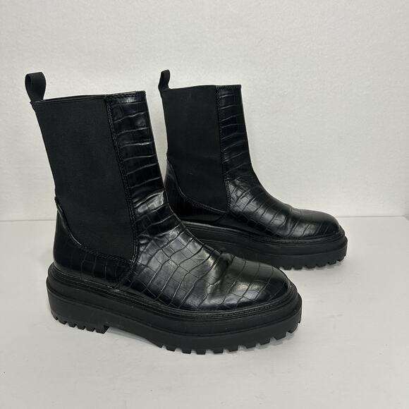 ZARA Black Chunky Chelsea Ankle Boots Womens 40/9 Lug Sole Platform Snake print - Picture 1 of 8